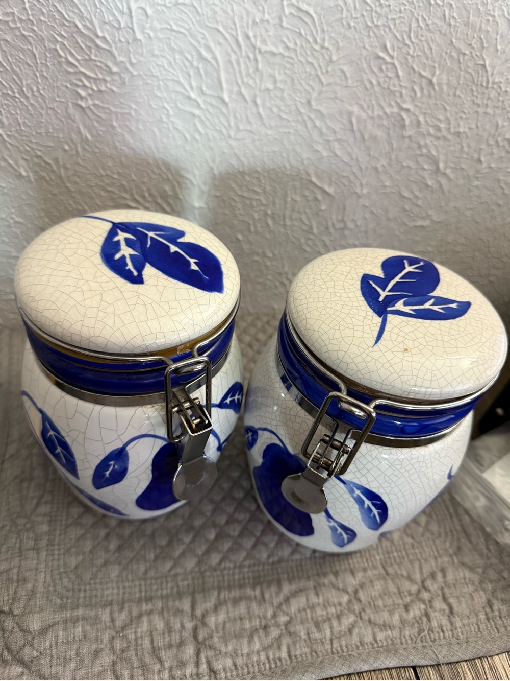 Hand-Painted Blue Leaf Ceramic Canister Set with Clamp Lids